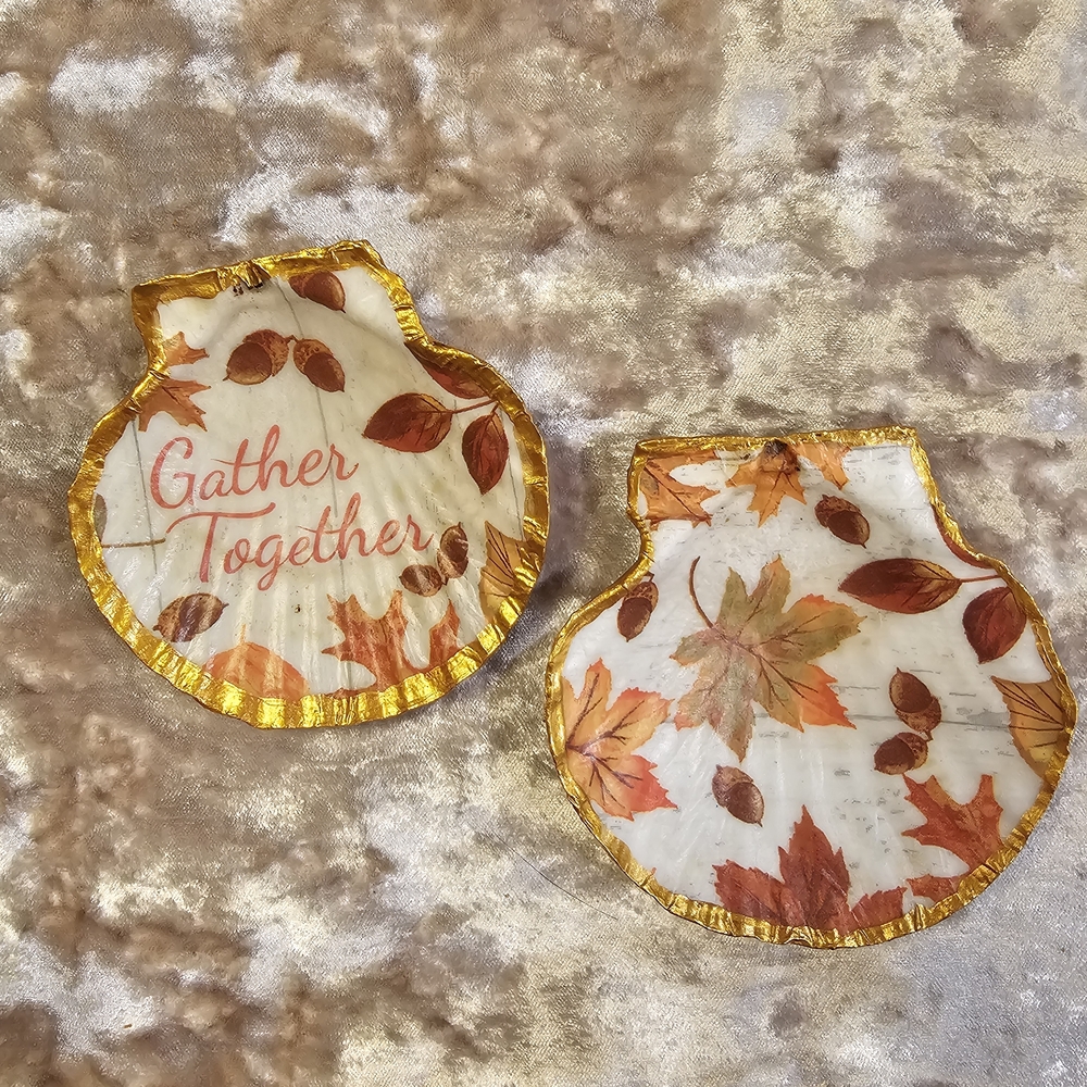 Autumn Leaf Shell Art Decorative Trinket Dish Plates Handcrafted set of 2